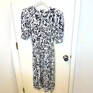 Vintage Liz Claiborne white black abstract design dress w belt buttons sz 8p